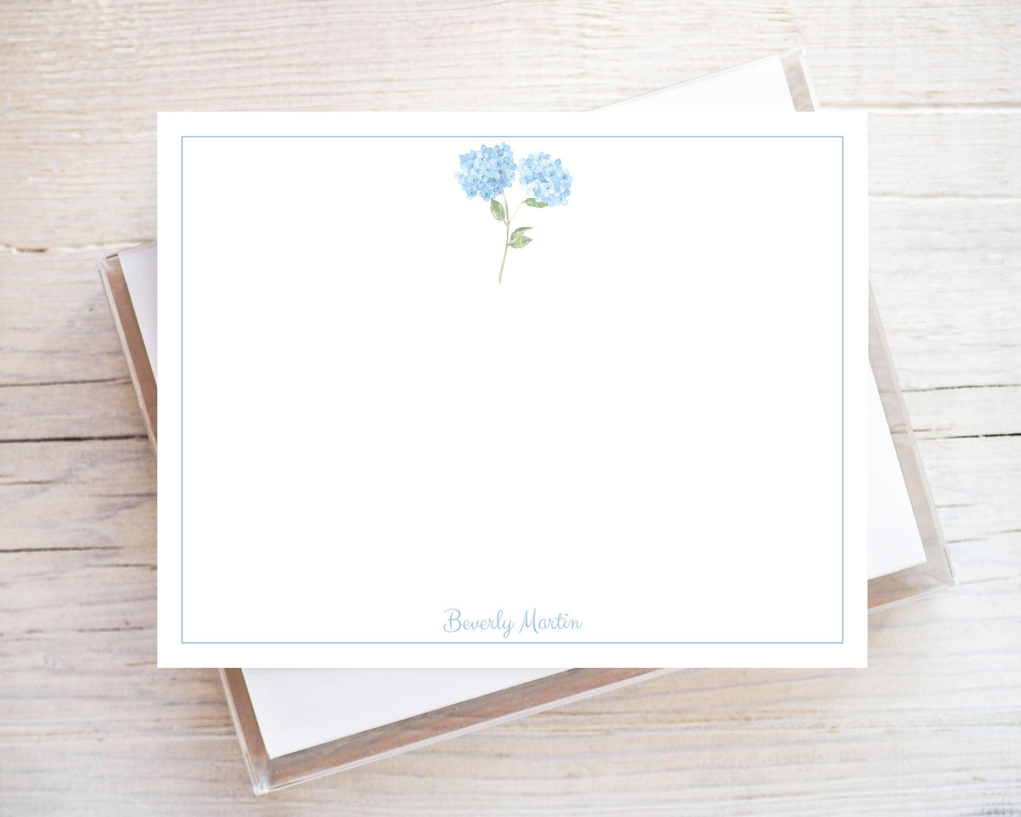 Personalized A2 Size Watercolor Blue Hydrangea Stationery, Girl Women Floral Flat Notecard Set