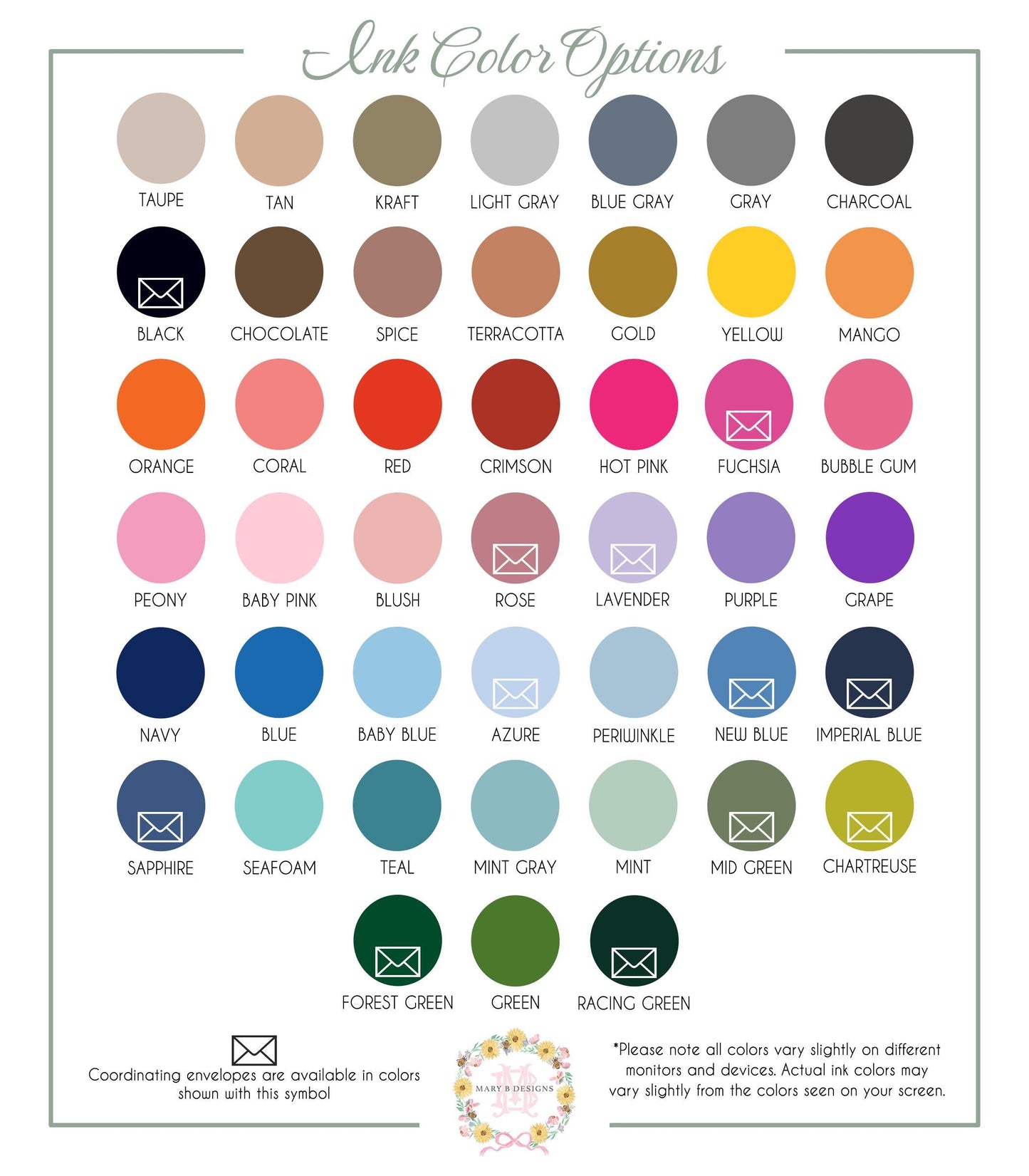 The image is a color palette for ink colors, featuring a variety of shades and hues that can be used for different purposes, such as coordinating envelopes, creating artwork, or designing products.