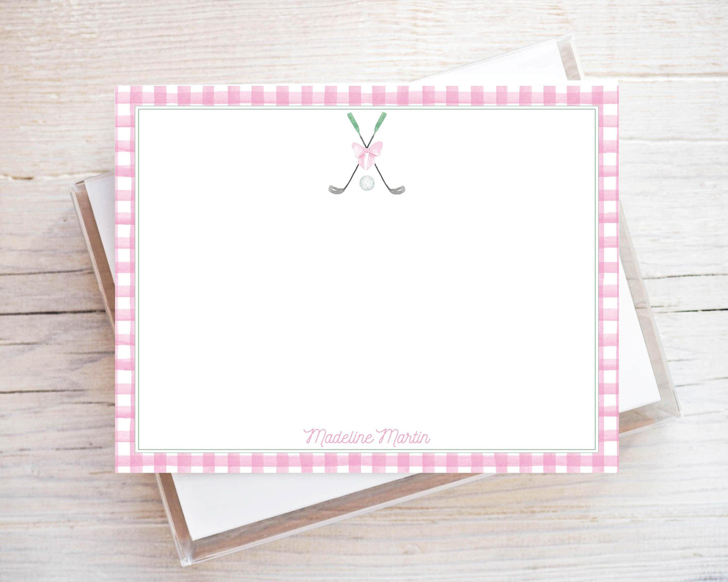 Personalized A2 Size Watercolor Girl Golf Stationery, Pink Gingham Sports Women Flat Notecard Set