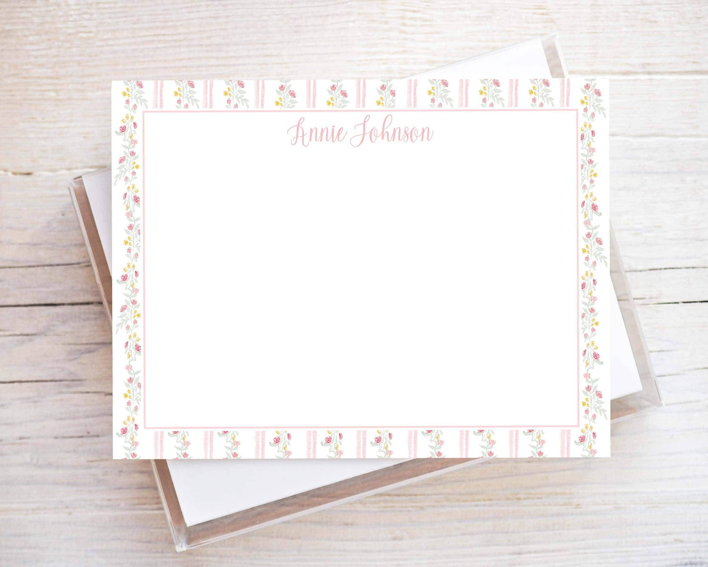 Personalized A2 Size Watercolor Pink Floral Stationery, Women Girl Flower Pattern Flat Notecard Set