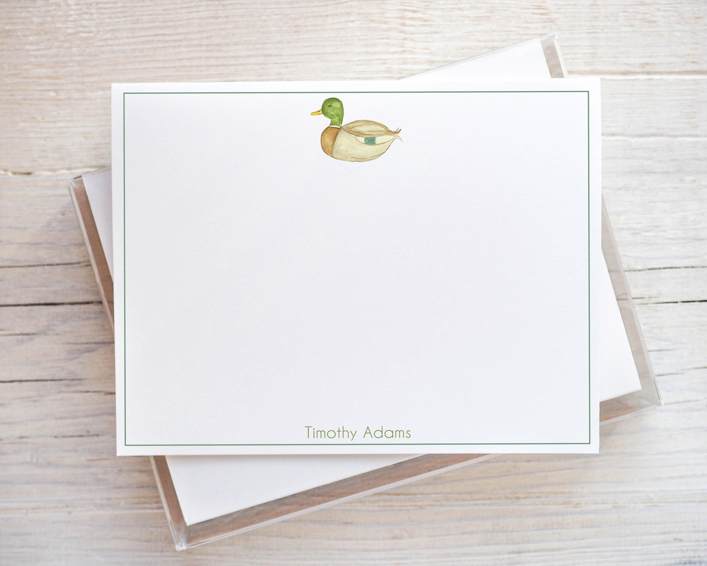 Personalized A2 Size Watercolor Duck Stationery, Green Baby Boy Mallard Flat Notecard Set