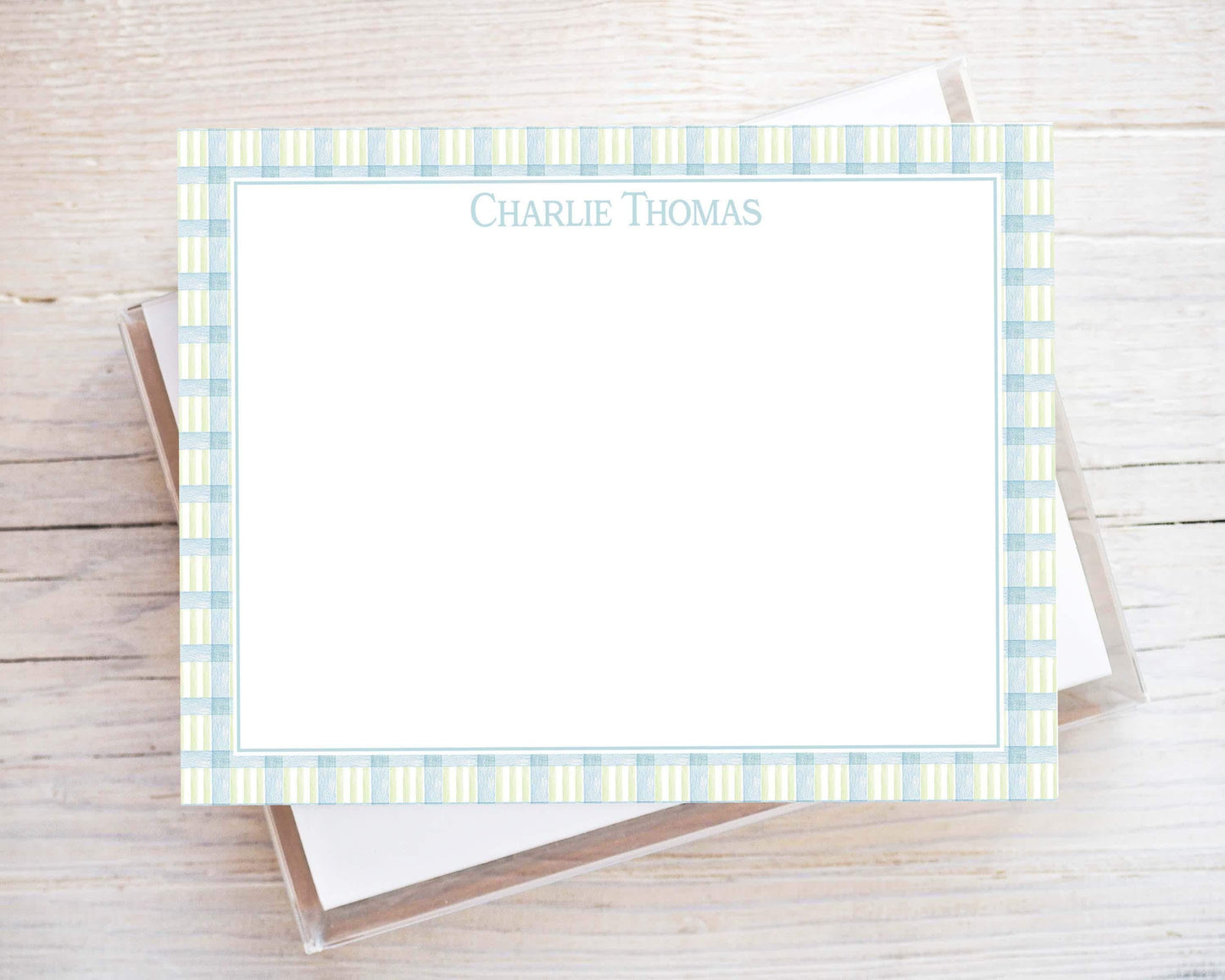 Personalized A2 Size Blue Green Gingham Stationery, Boy Colorful Flat Notecard Set