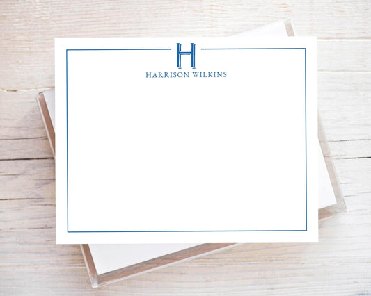 Personalized A2 Size Colored Single Initial Stationery, Family Masculine Monogram Flat Notecard Set