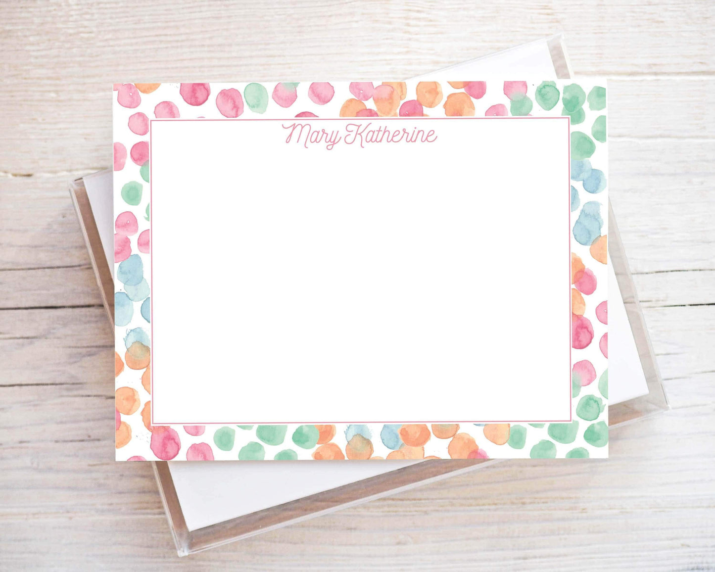 Personalized A2 Size Polka Dot Border Flat Notecard Set, Girl Colorful Confetti Stationery