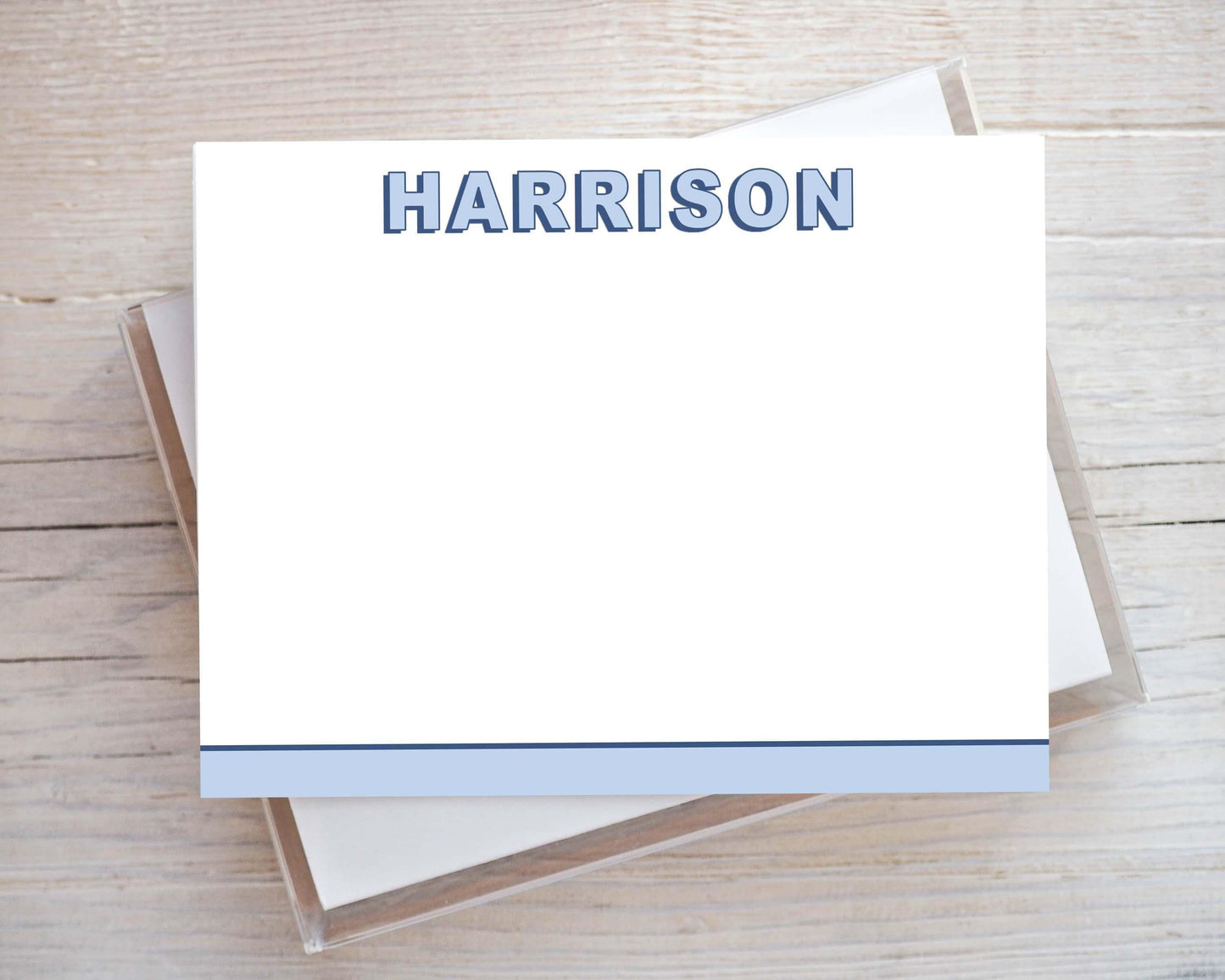 Personalized A2 Size Colorful Block Shadow Stationery, Blue Boy Flat Notecard Set