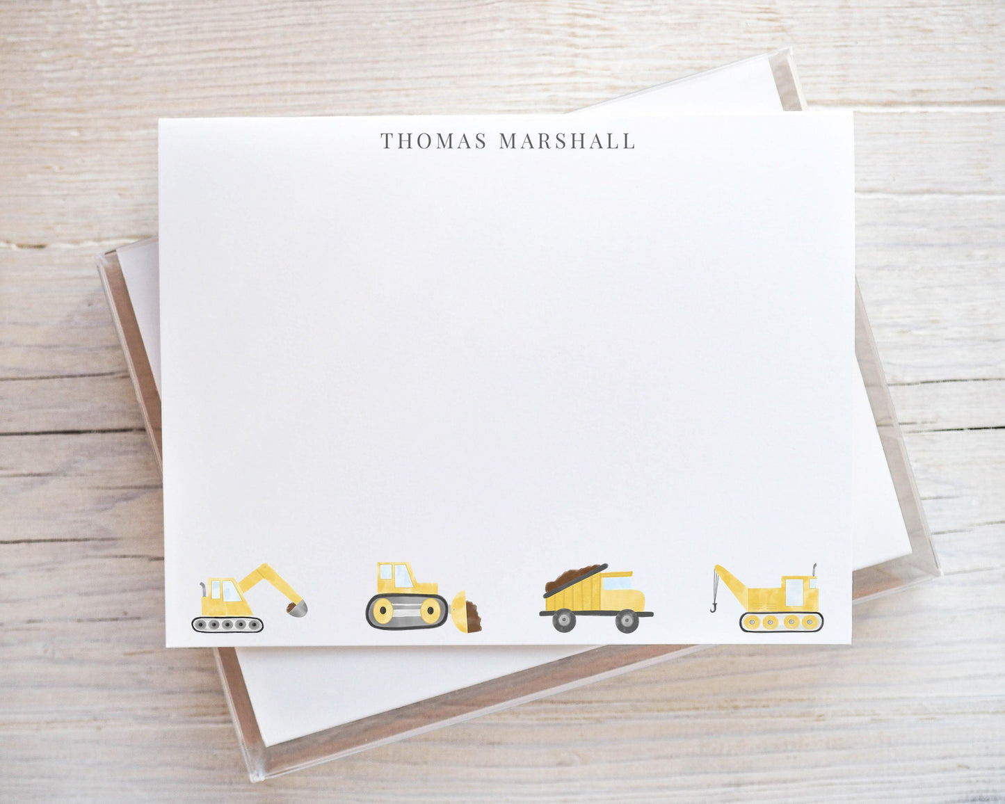 Personalized A2 Size Watercolor Construction Stationery, Boy Dump Truck Bulldozer Flat Notecard Set