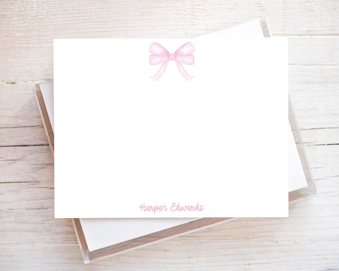 Personalized A2 Size Watercolor Girly Pink Bow Flat Notecard Set, Baby Girl Custom Stationery