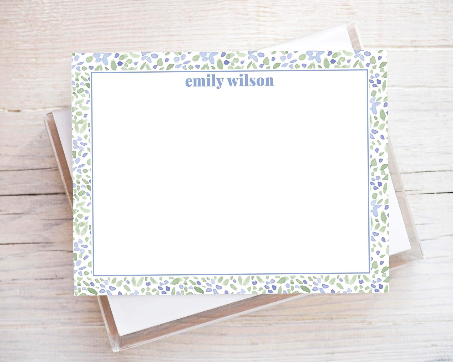 Personalized A2 Size Watercolor Floral Greenery Stationery, Blue Flower Girl Women Flat Notecard Set