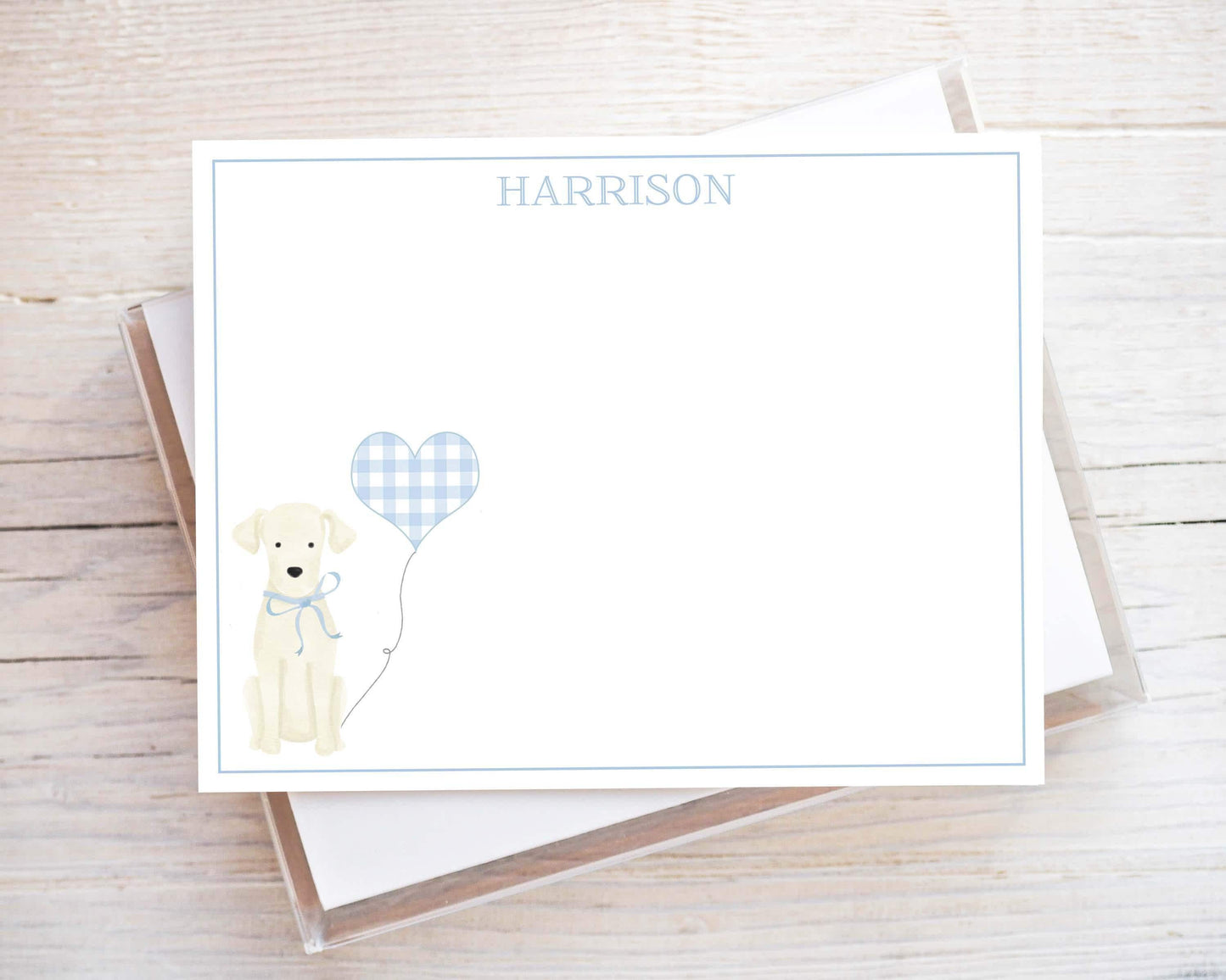 Personalized A2 Size Watercolor Dog Balloon Stationery, Boy Gingham Labrador Puppy Flat Notecard Set