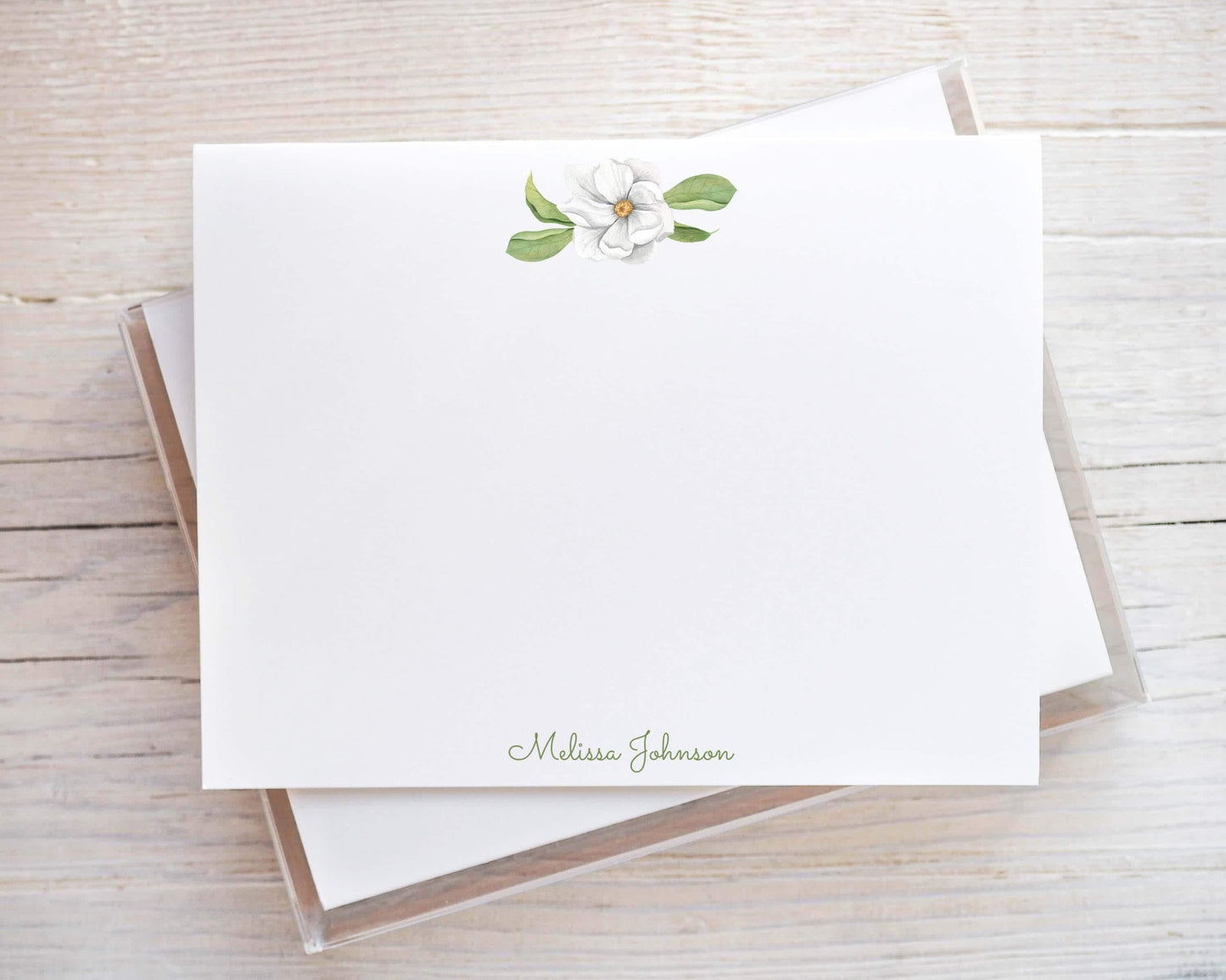Personalized A2 Size Watercolor Magnolia Flower Stationery, Floral Women Girl Flat Notecard Set
