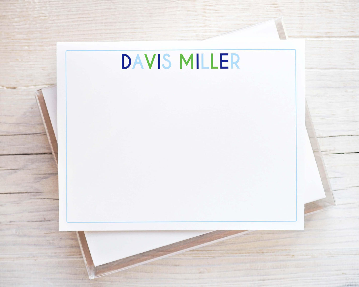 Personalized A2 Size Blue Green Boy Stationery, Colorful Boys Flat Notecard Set