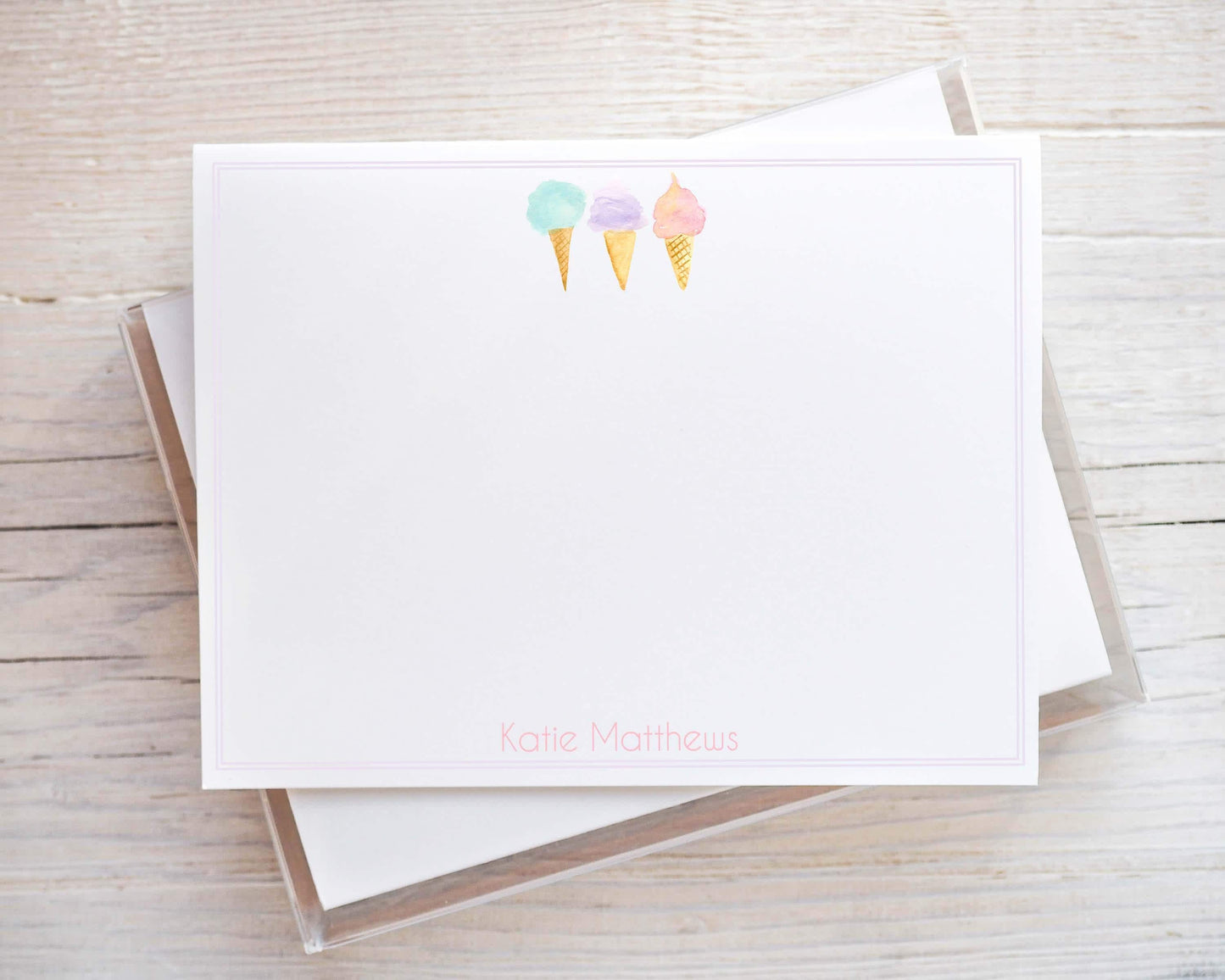 Personalized A2 Size Watercolor Ice Cream Cone Child Stationery, Colorful Kid Flat Notecard Set