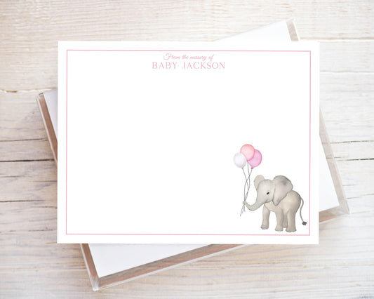 Personalized A2 Size Watercolor Pink Girl Elephant Stationery, Baby Newborn Flat Notecard Set