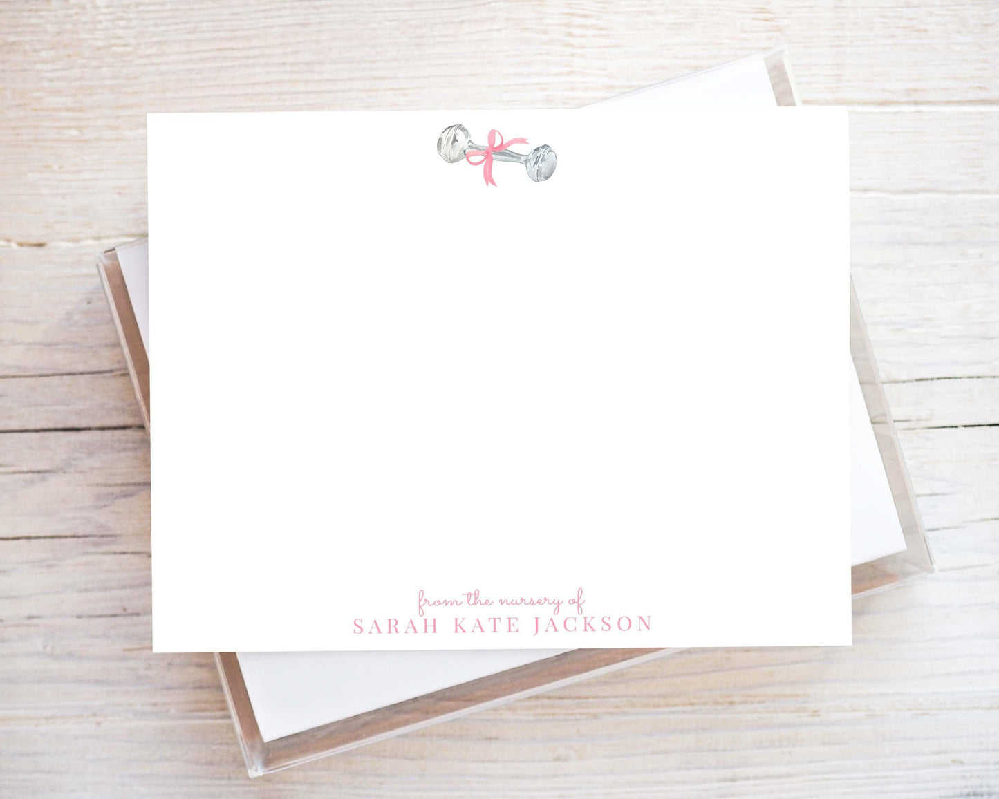Personalized A2 Size Watercolor Baby Rattle Stationery, Pink Bow Newborn Girl Flat Notecard Set