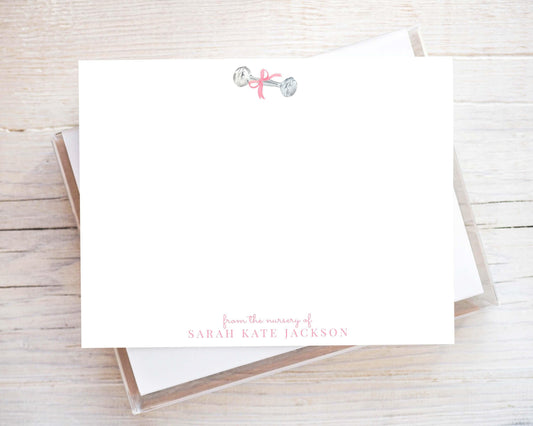 Personalized A2 Size Watercolor Baby Rattle Stationery, Pink Bow Newborn Girl Flat Notecard Set