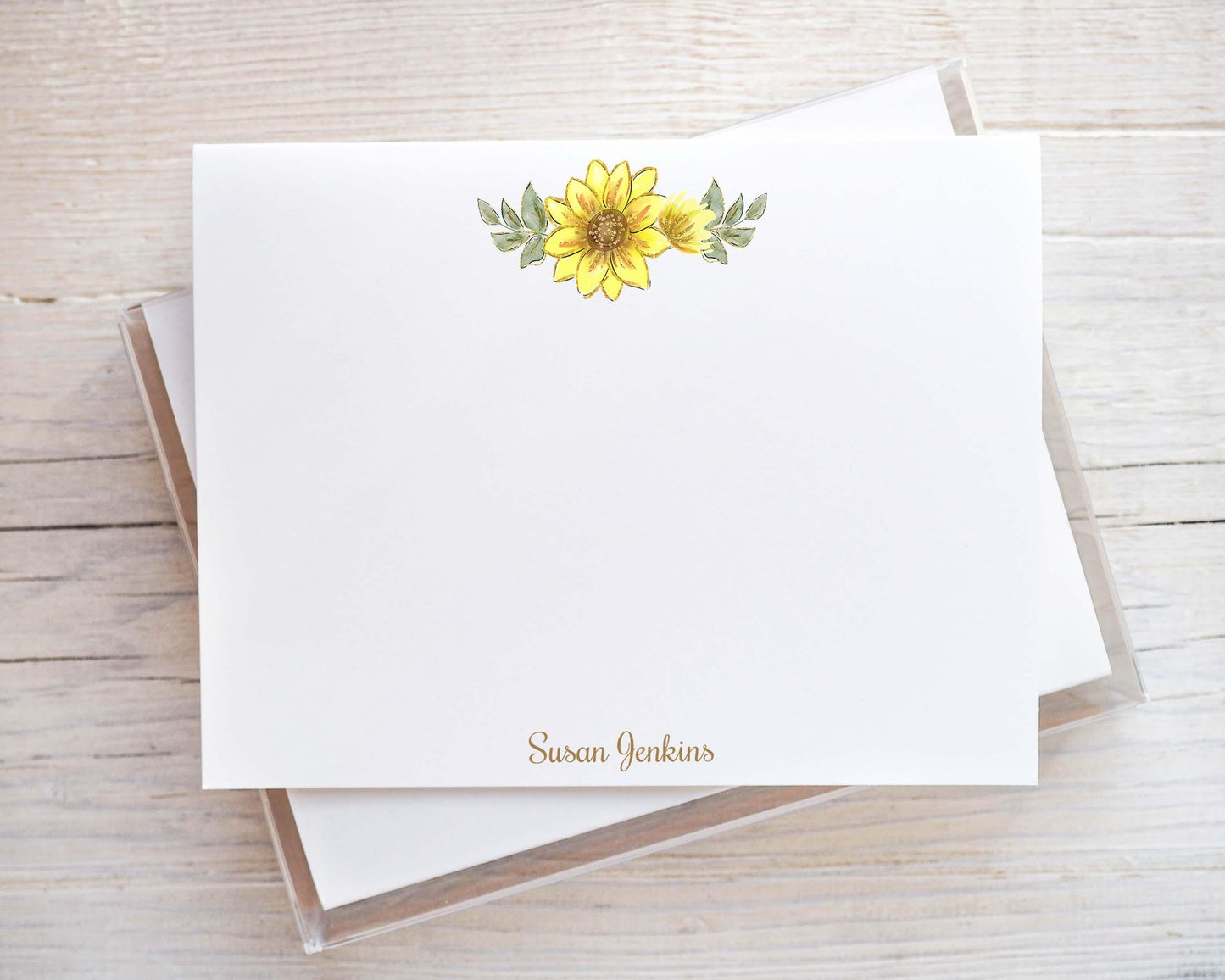 Personalized A2 Size Watercolor Sunflower Stationery, Yellow Floral Girl Women Flat Notecard Set