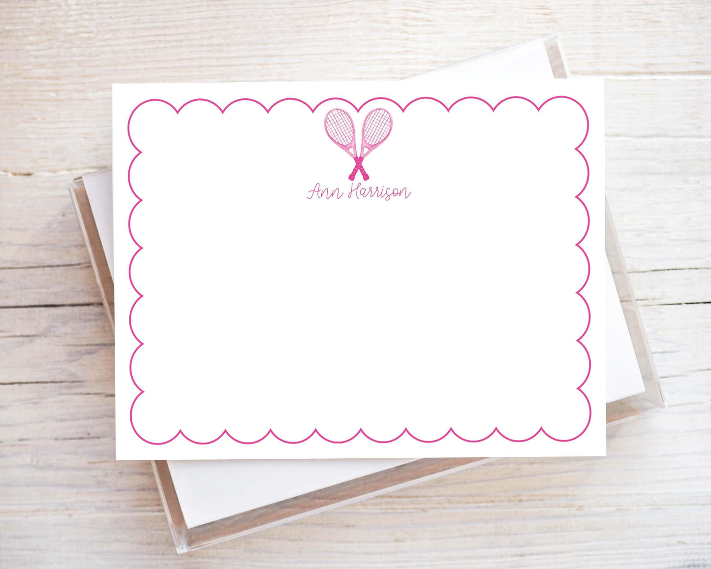 Personalized A2 Size Watercolor Pink Tennis Stationery, Girl Sports Racquet Flat Notecard Set