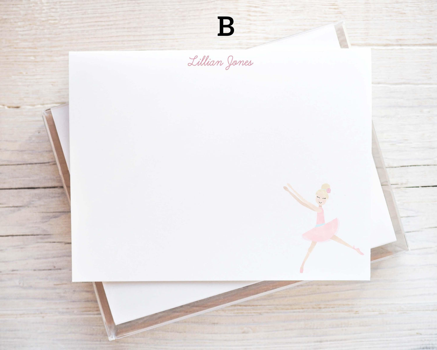 Personalized A2 Size Watercolor Ballerina Little Girl Notecard Set, Pink Baby Stationery