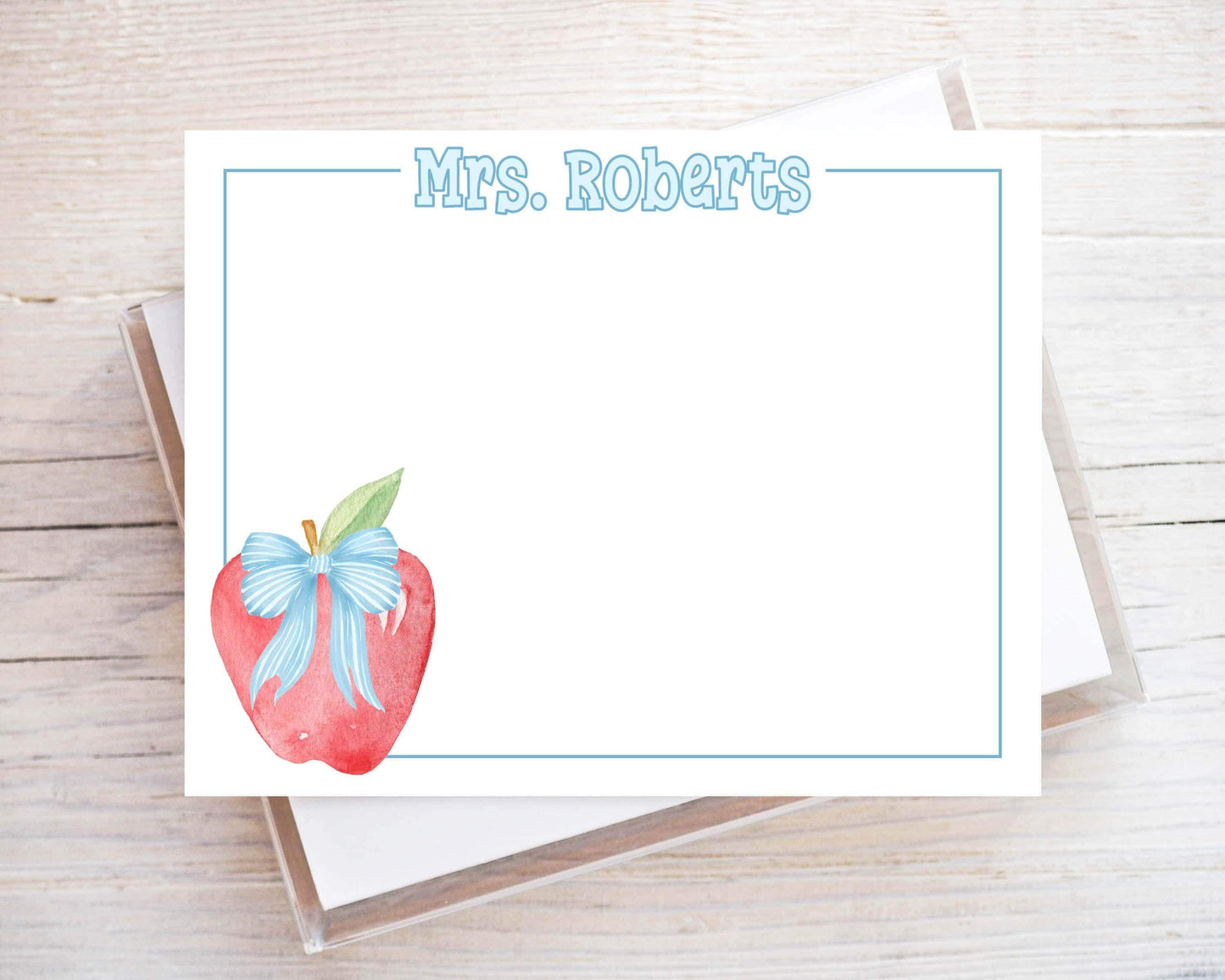 Personalized Apple Blue Bow  Flat Note Card, Woman Teacher Notecard Set, Back to school stationery