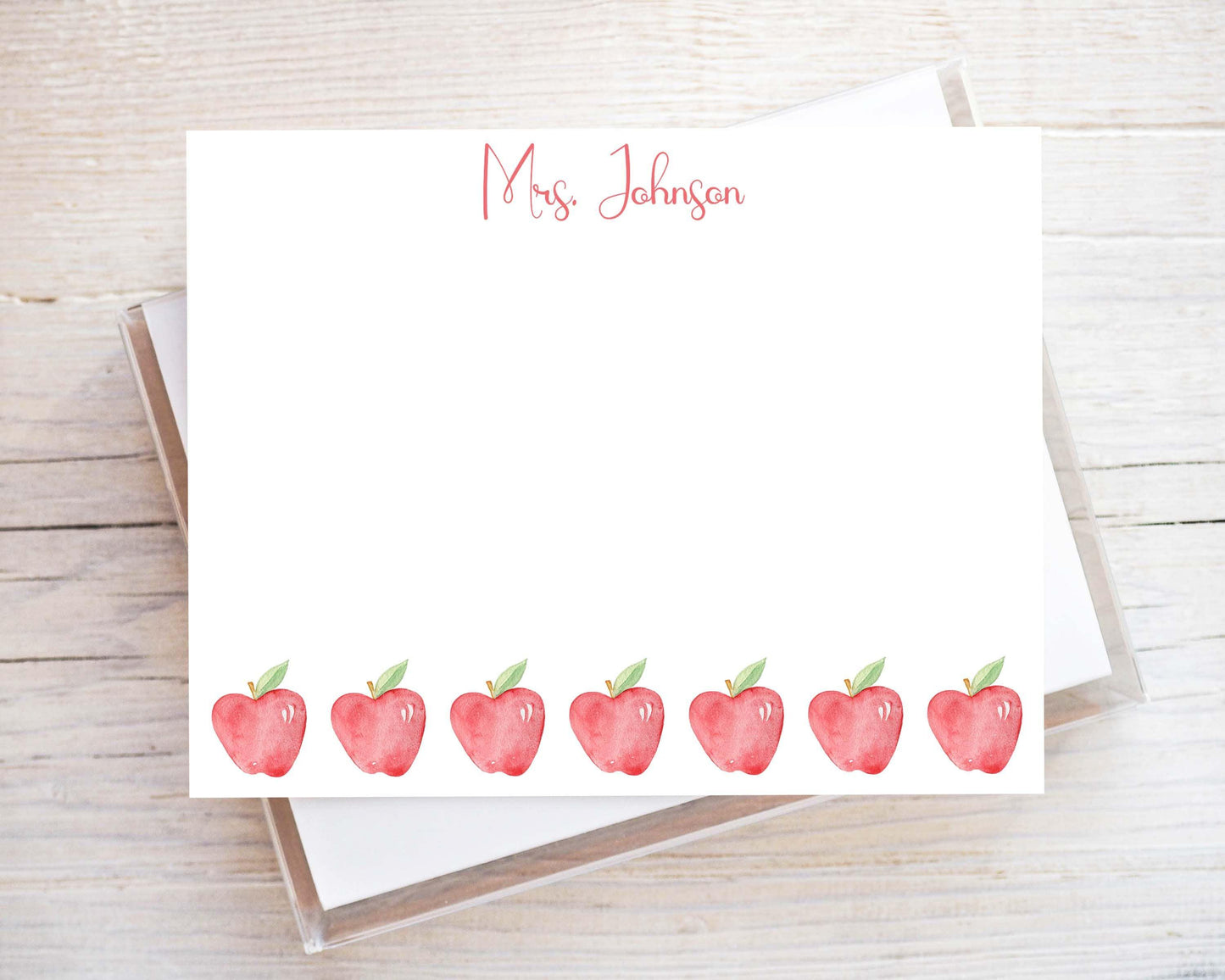 Personalized Apples Flat Note Card, Woman Teacher Notecard Set, Back to school stationery