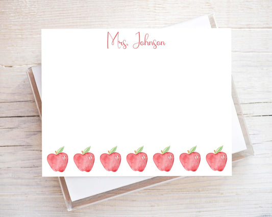 Personalized Apples Flat Note Card, Woman Teacher Notecard Set, Back to school stationery