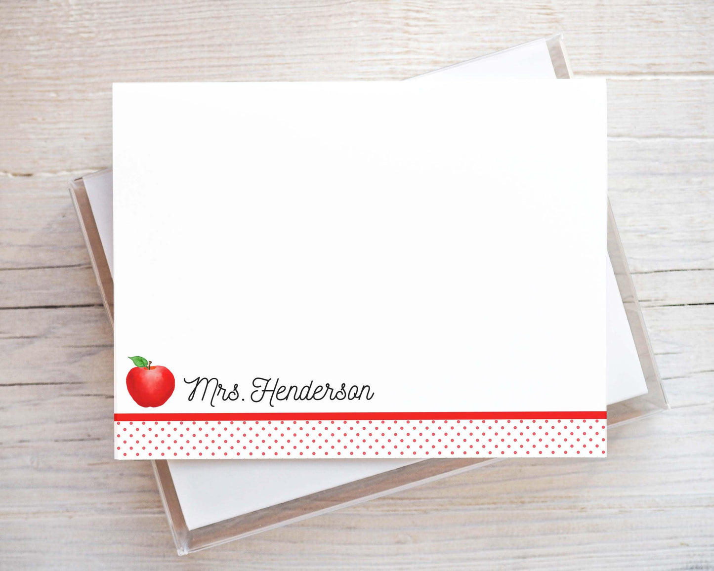 Personalized Teacher Apple Stationery, Back to school Flat Notecard Set, Polka Dot Notes