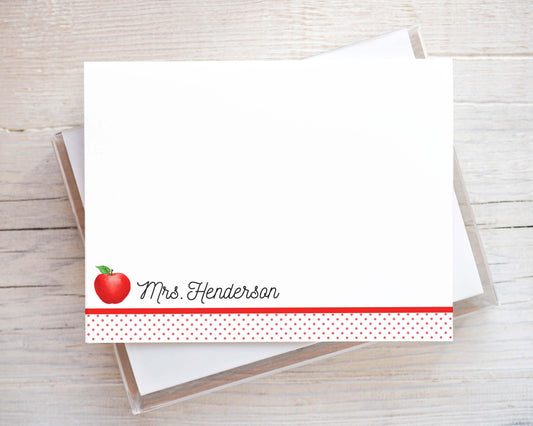 Personalized Teacher Apple Stationery, Back to school Flat Notecard Set, Polka Dot Notes