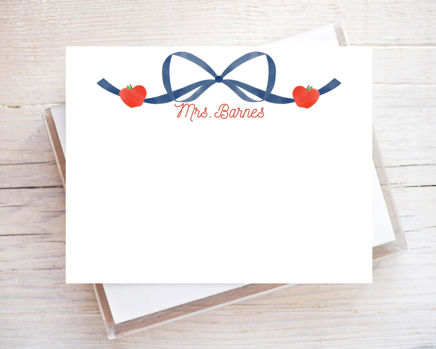 Personalized Apple Blue Bow Flat Note Card, Woman Teacher Notecard Set, Back to school stationery