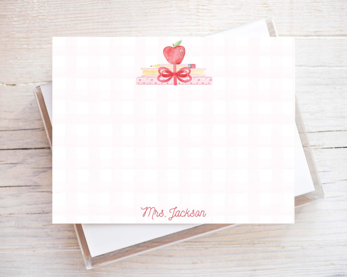 Personalized Teacher Bow Apple Stationery, Back to school Flat Notecard Set, Pink Book stack