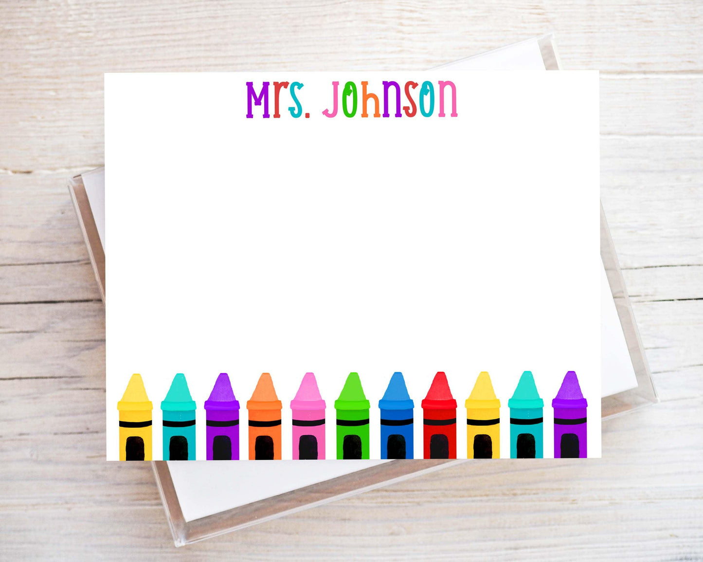 Personalized Teacher Flat Note Card, Colorful Crayons Notecard Set, Back to school stationery
