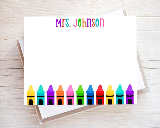 Personalized Teacher Flat Note Card, Colorful Crayons Notecard Set, Back to school stationery