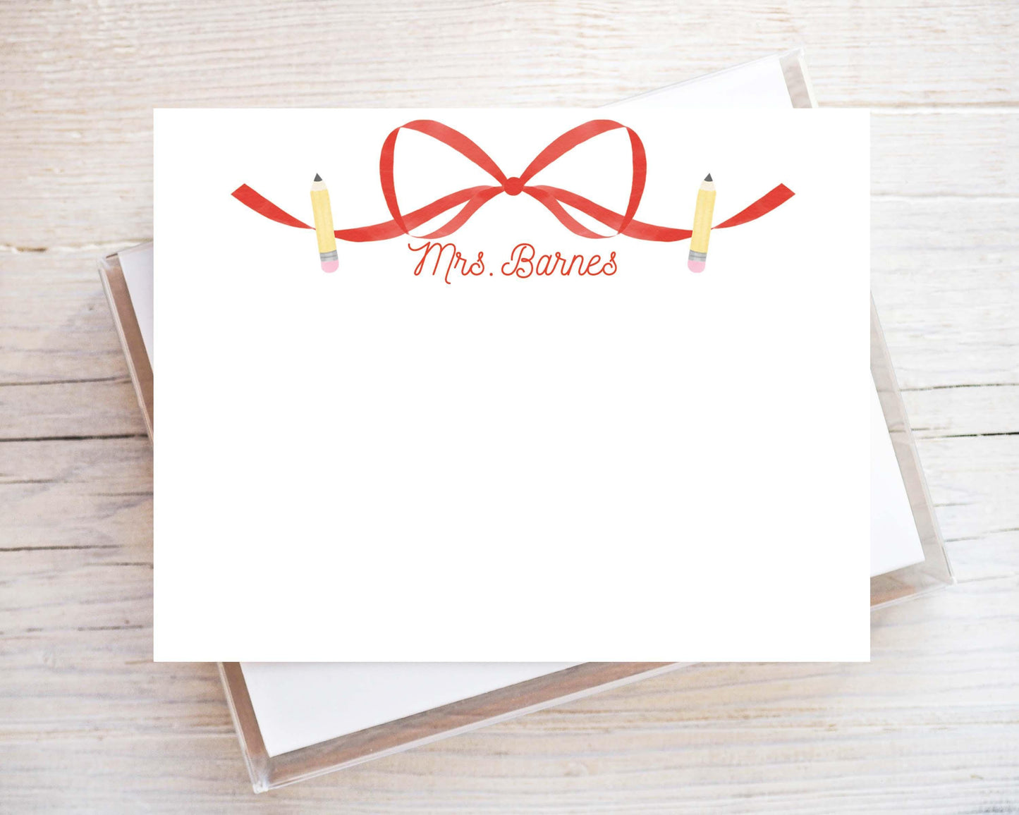Personalized Apple Blue Bow Flat Note Card, Woman Teacher Notecard Set, Back to school stationery
