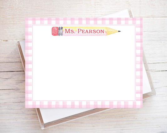 Personalized Teacher Flat Note Card, Woman Pencil Bow Notecard Set, Back to school stationery