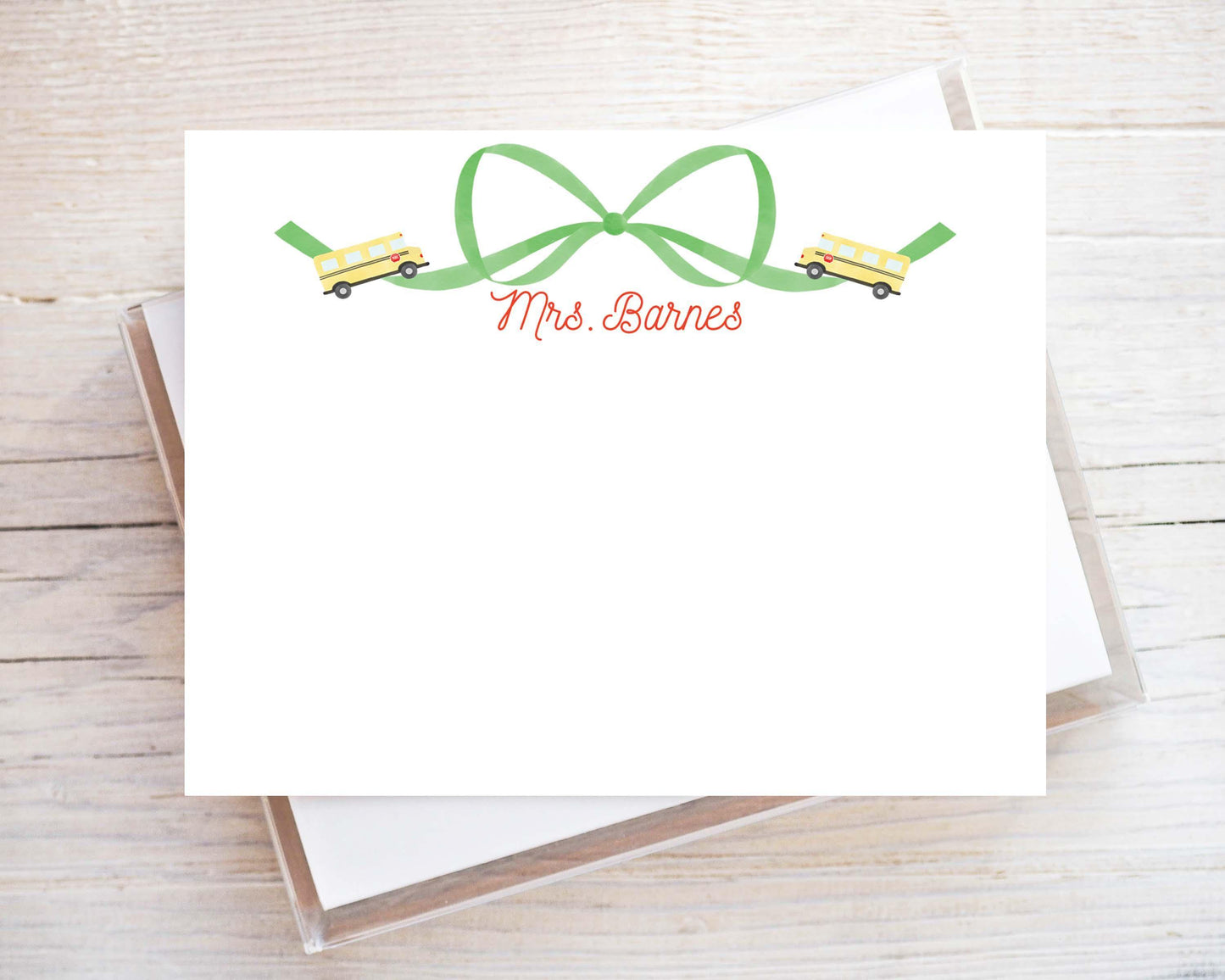 Personalized School Bus Bow Flat Note Card, Woman Teacher Notecard Set, Back to school Notes