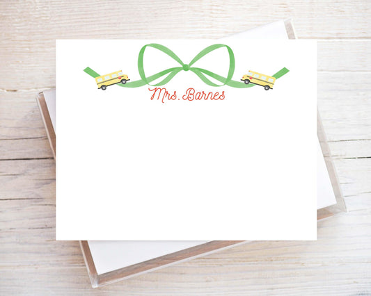 Personalized School Bus Bow Flat Note Card, Woman Teacher Notecard Set, Back to school Notes