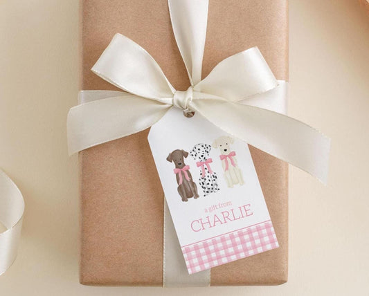 A brown gift box with a white ribbon and a tag featuring illustrations of three dogs.