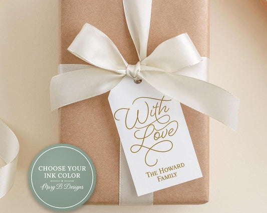 A gift box with a white ribbon and a tag that reads "With Love The Howard Family".