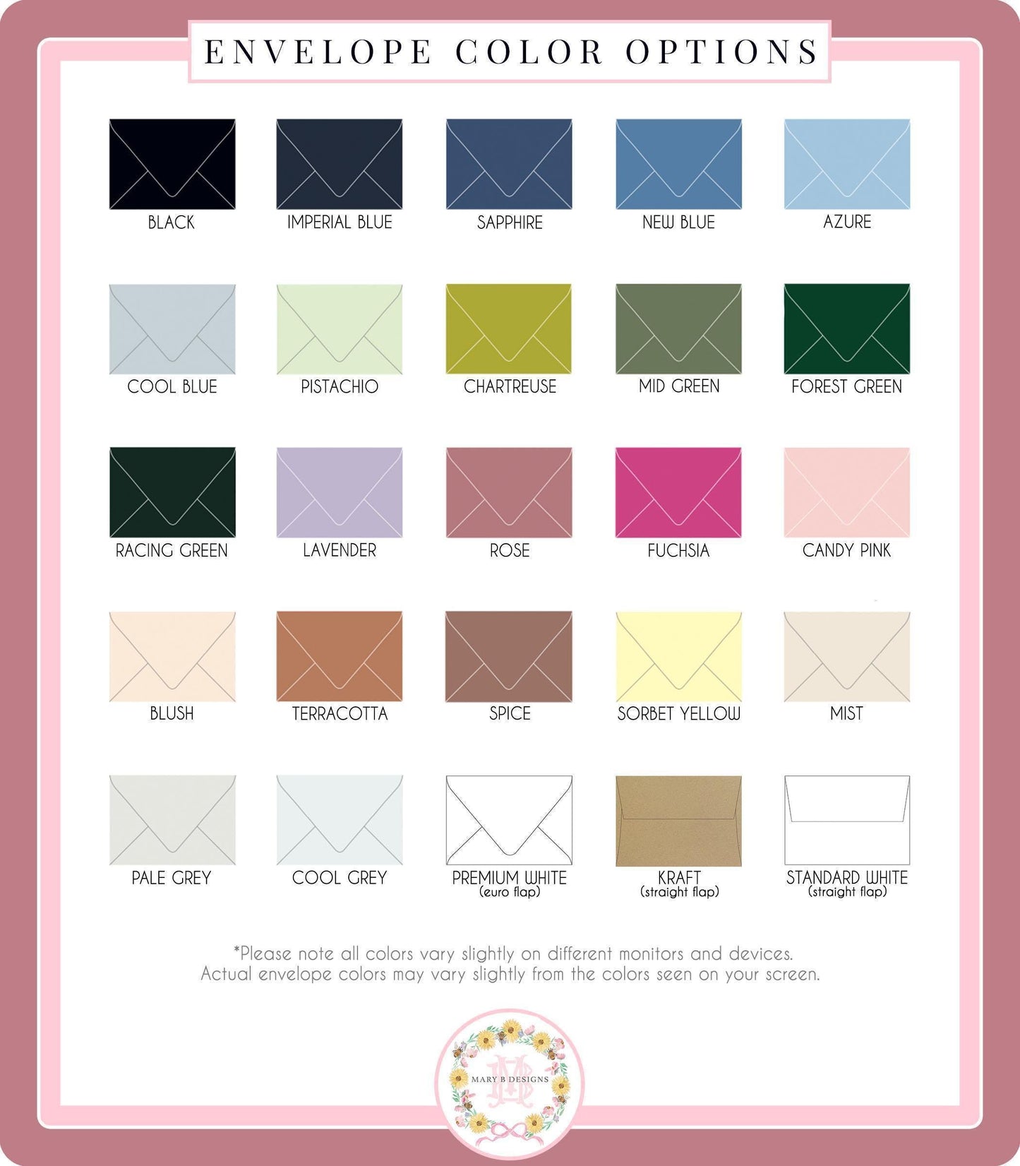 a collection of envelope color options, including various shades of black, blue, green, pink, and other colors.