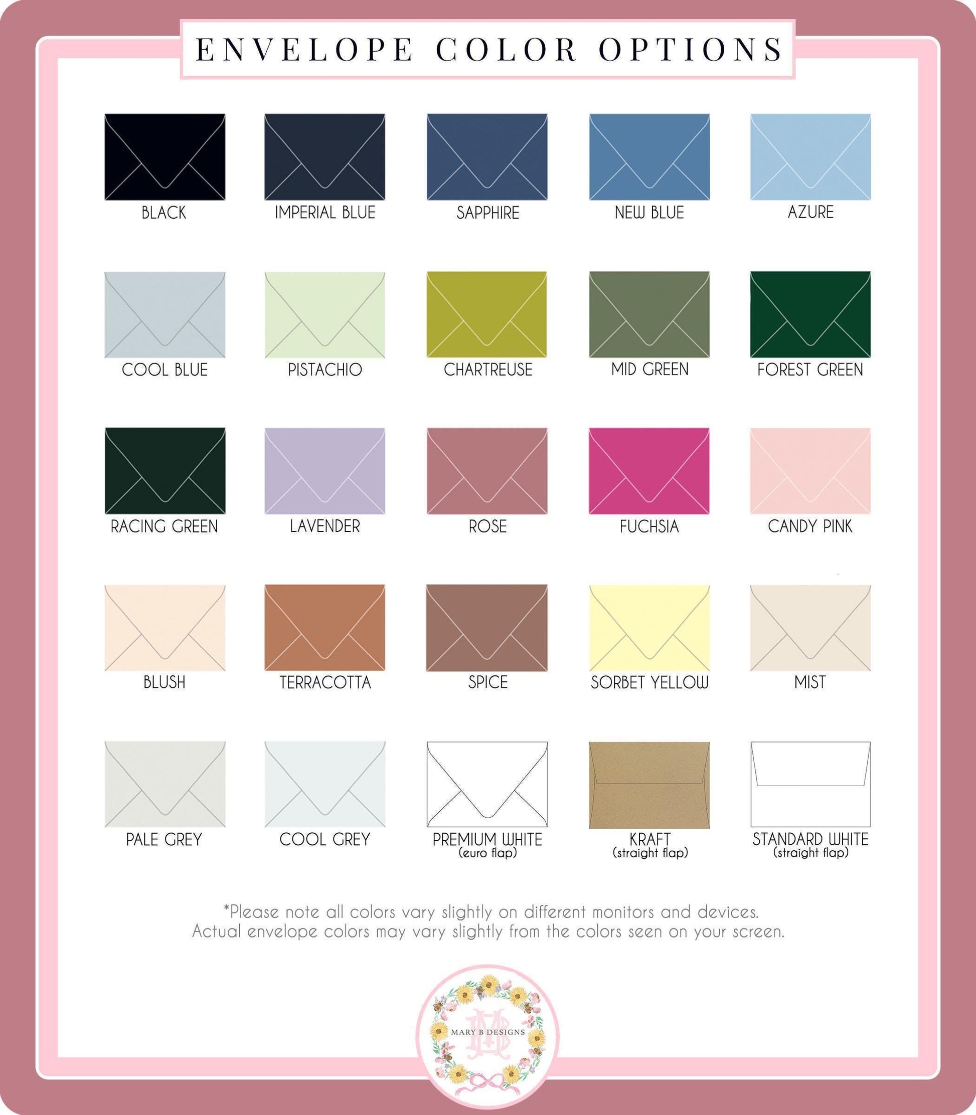 a collection of envelope color options, including various shades of black, blue, green, pink, and other colors.