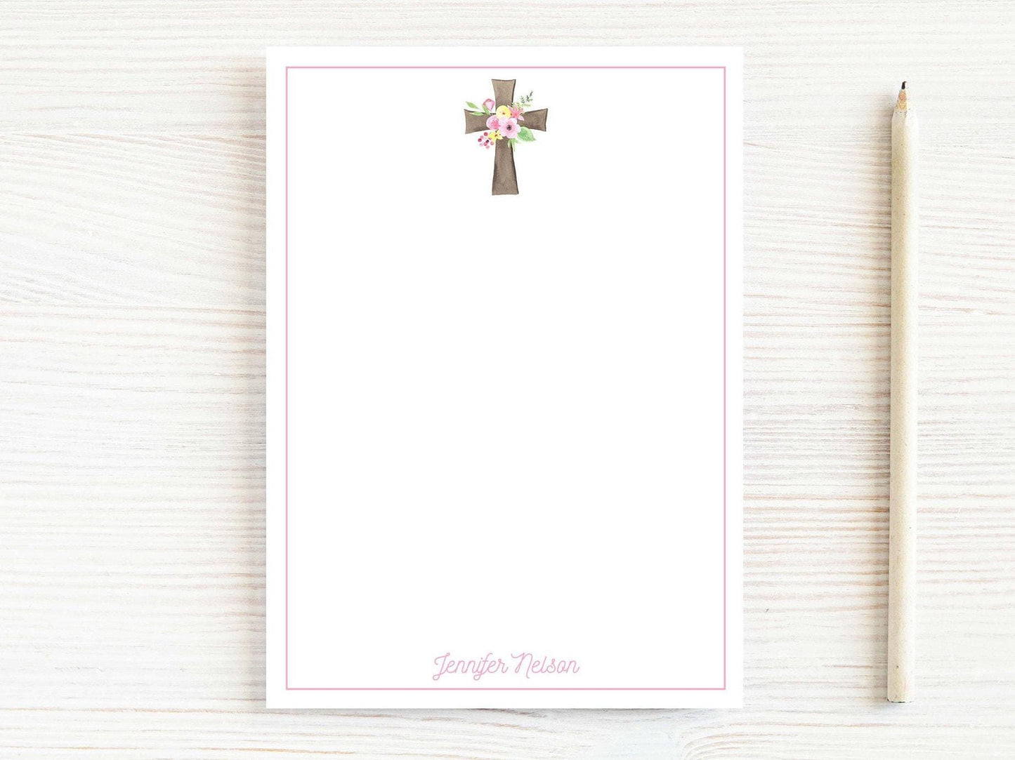 Personalized 5.5X5.5 or 5X7 Watercolor Cross Notepad, Women Pink Floral Notes
