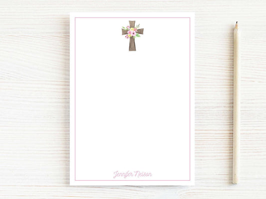 Personalized 5.5X5.5 or 5X7 Watercolor Cross Notepad, Women Pink Floral Notes
