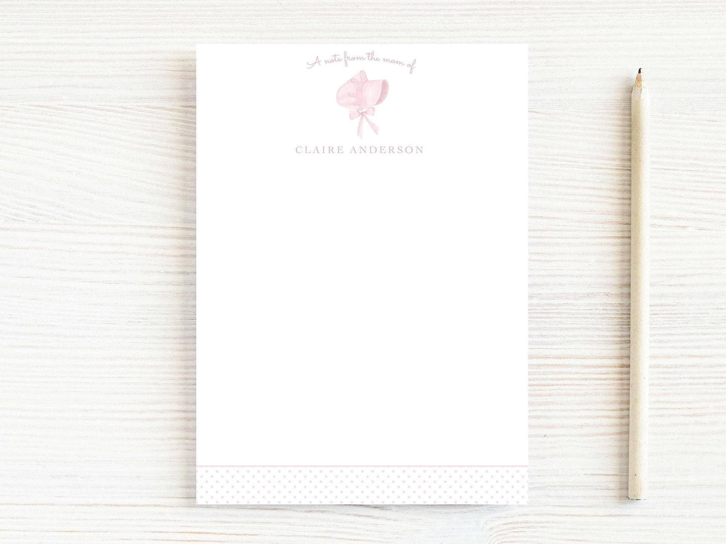 Personalized 5.5X5.5 or 5X7 Pink Bonnet Notepad, Baby Girl Newborn Note
