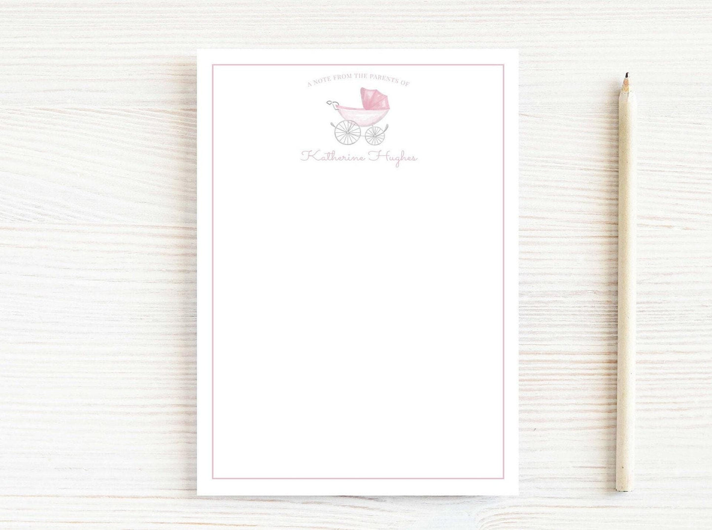 Personalized 5.5X5.5 or 5X7 Pink Baby Carriage Notepad, Newborn Girl Notes