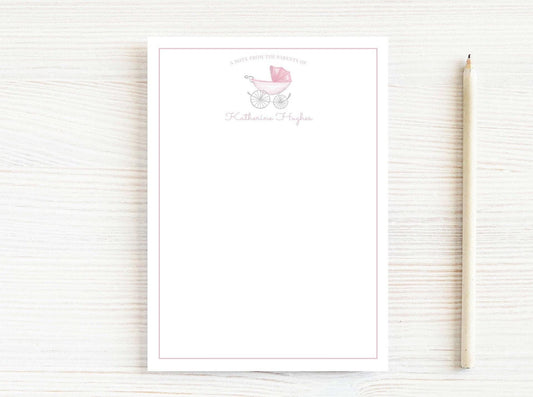 Personalized 5.5X5.5 or 5X7 Pink Baby Carriage Notepad, Newborn Girl Notes