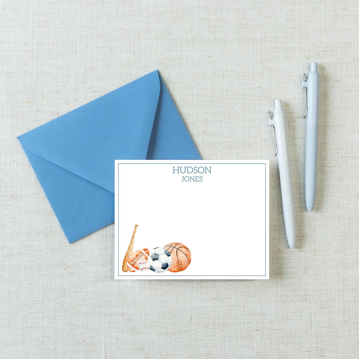 Personalized A2 Size Watercolor Sports Stationery, Boy Baseball Football Basketball Flat Notecard Set __etsy:8224964494