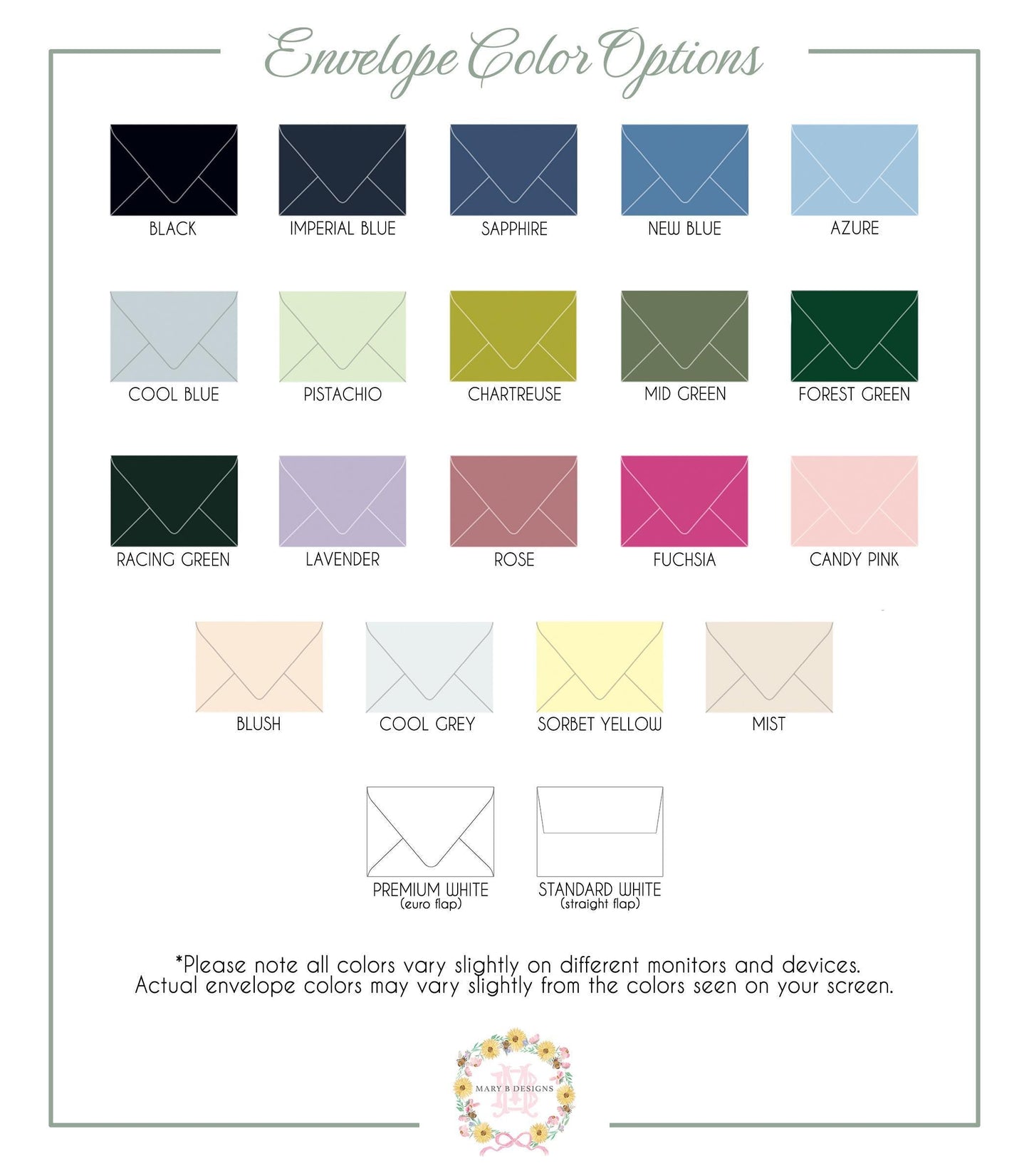 a collection of envelope color options, including black, imperial blue, sapphire, new blue, azure, cool blue, pistachio, chartreuse, mid green, forest green, lavender, rose, fuchsia, candy pink, racing green, mint, and various other colors.
