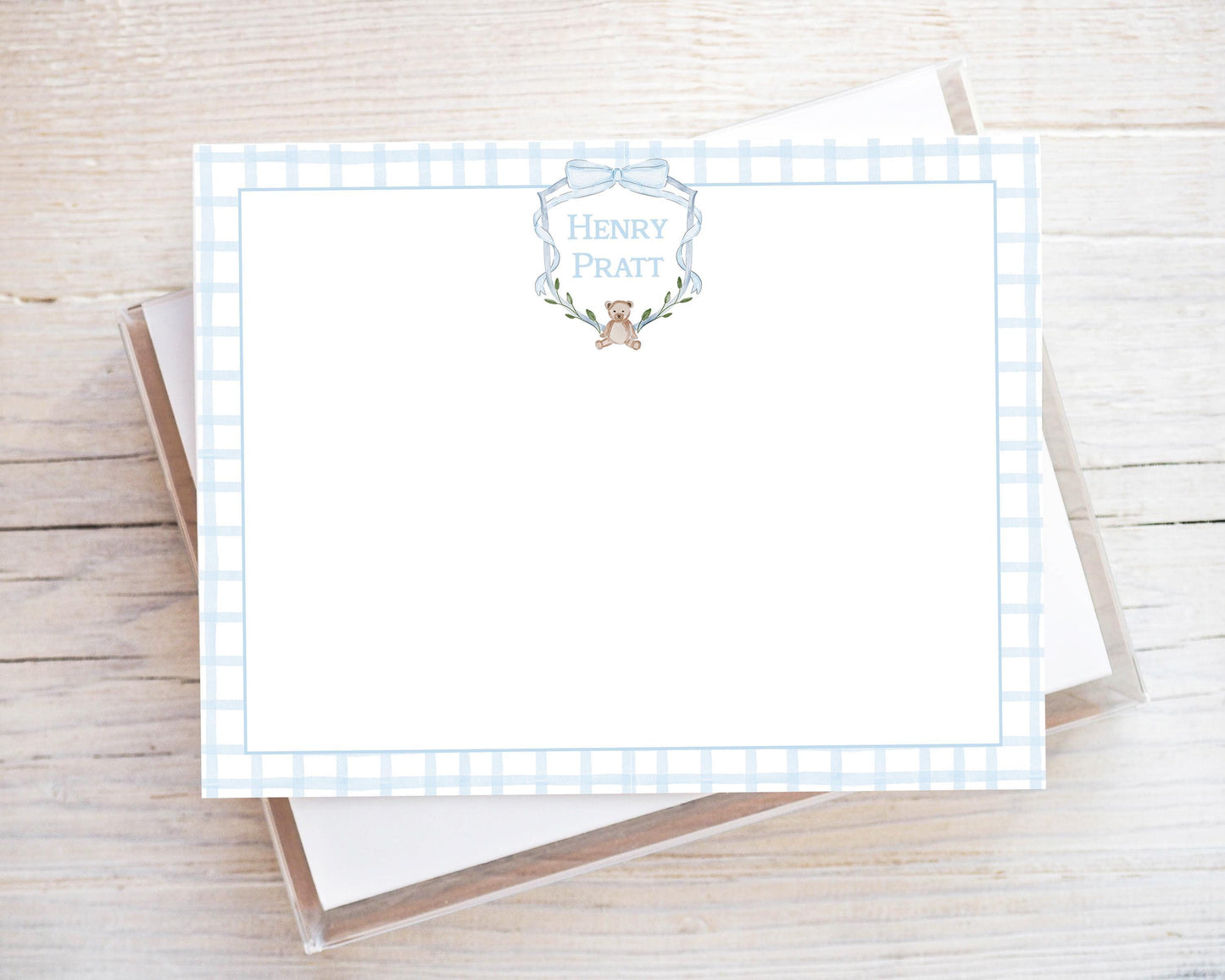 Personalized A2 Size Watercolor Teddy Bear Stationery, Boy Gingham Blue Bow Crest Flat Notecard Set
