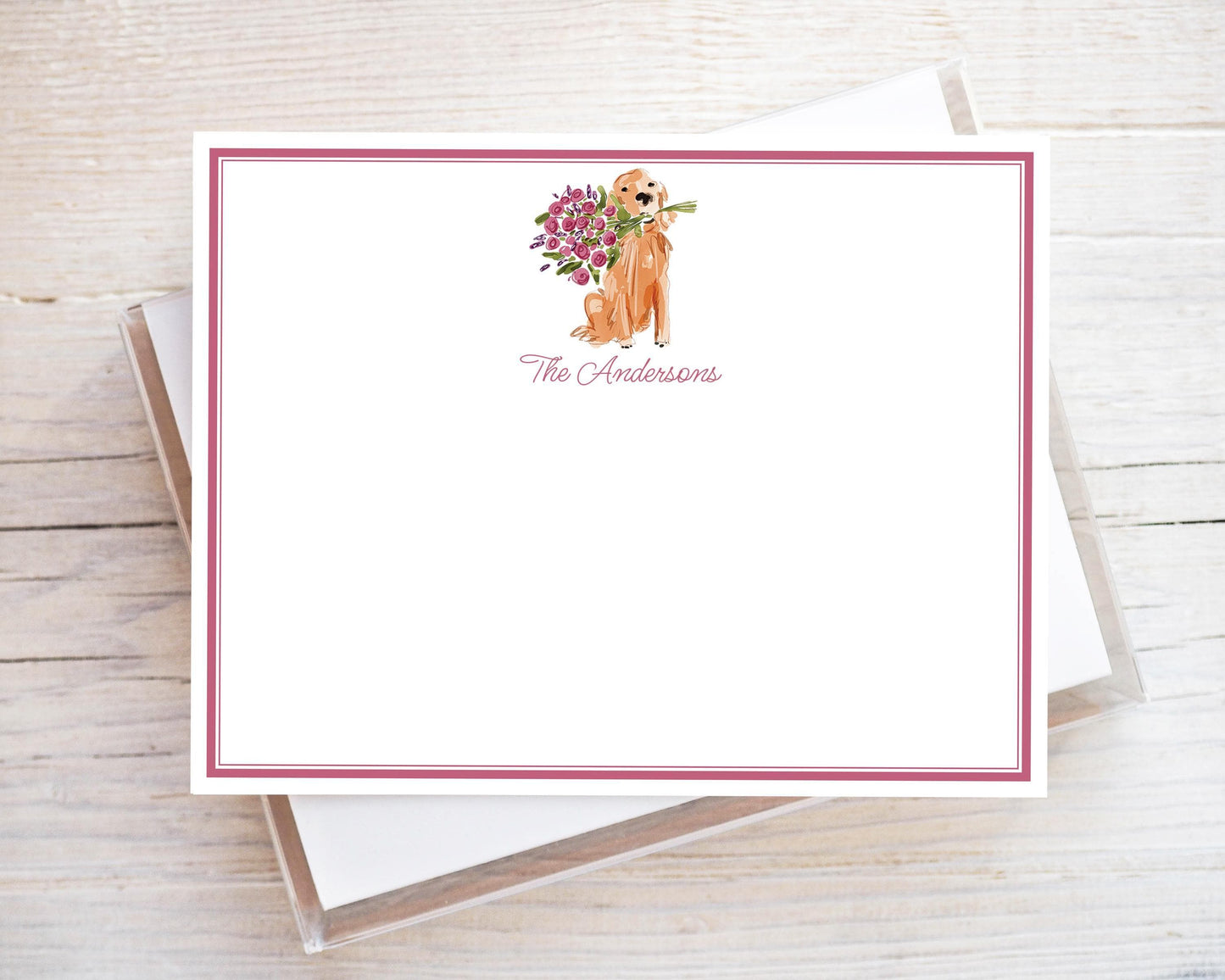 Personalized A2 Size Watercolor Dog Stationery, Floral Golden Retriever Puppy Flat Notecard Set