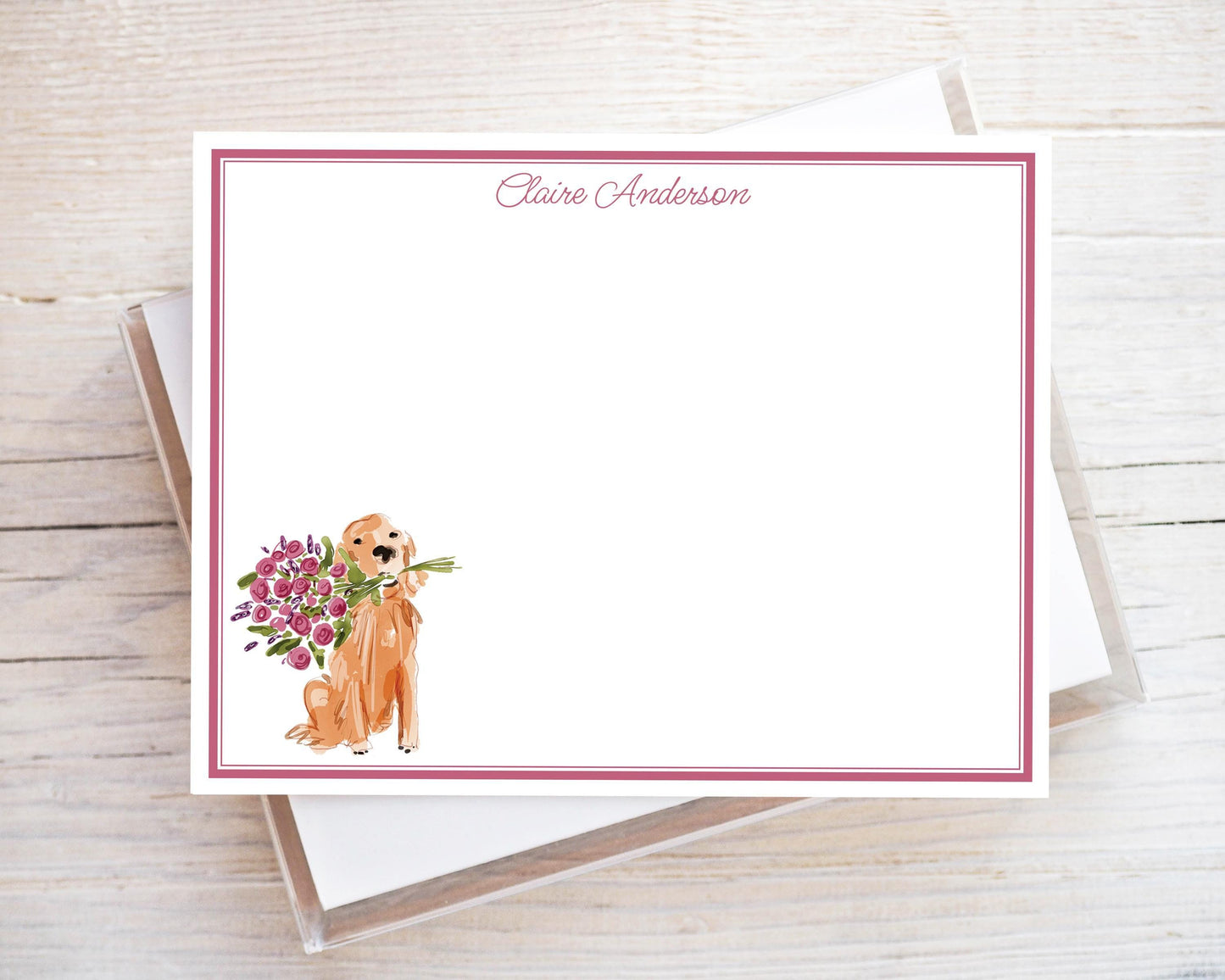 Personalized A2 Size Watercolor Floral Dog Stationery, Flower Golden Retriever Puppy Flat Notecard Set