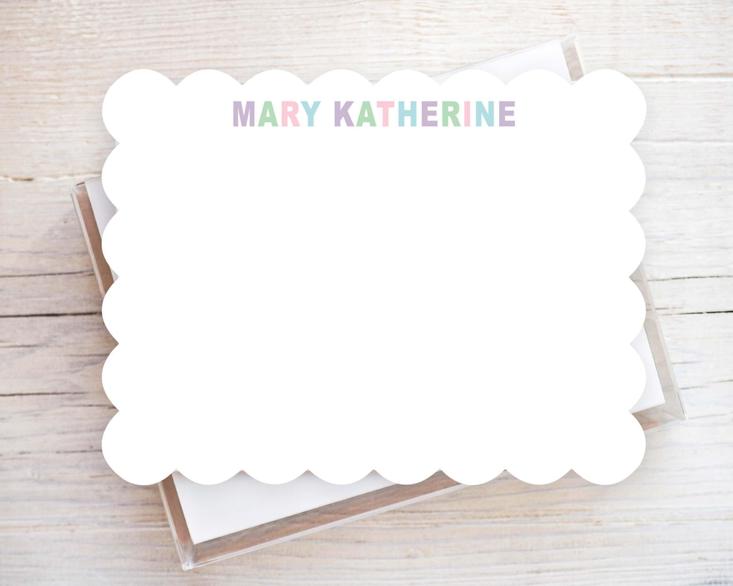 Personalized A2 Size Colorful Letters Scalloped Stationery, Multicolor Women Girl Flat Notecard Set